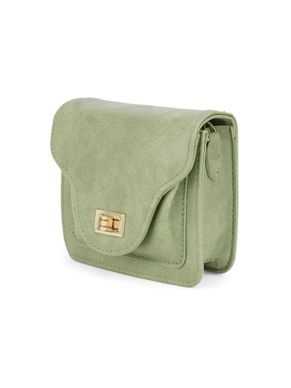 Globus Women Olive Textured Twistlock Small Square Party Sling Bag With Detachable Chain Strap