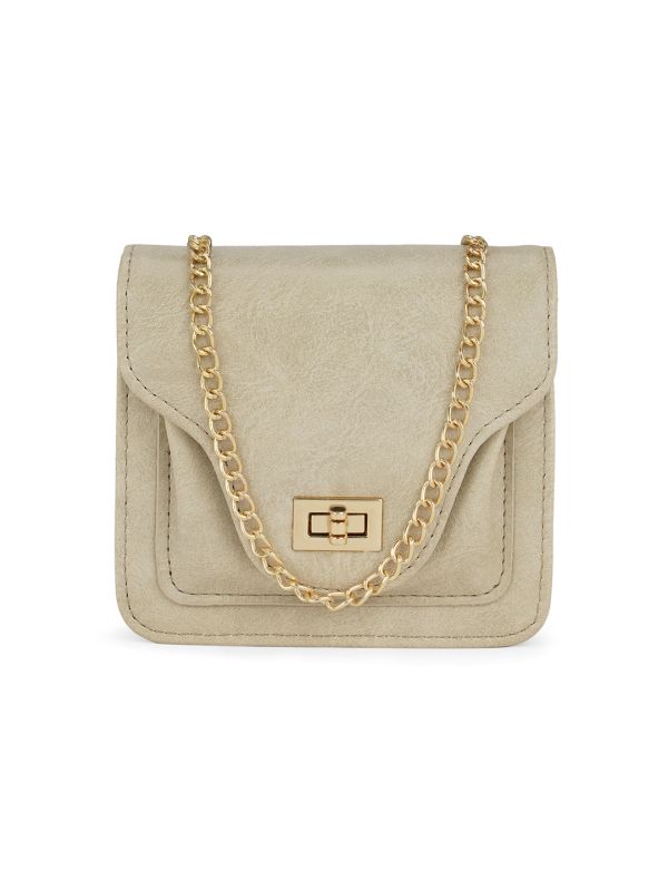 Globus Women Beige Textured Twistlock Small Square Party Sling Bag With Detachable Chain Strap