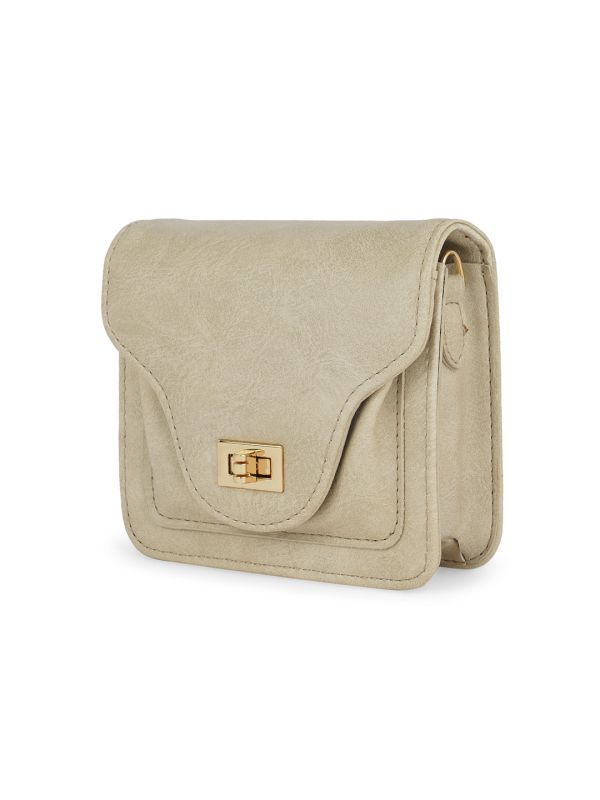 Globus Women Beige Textured Twistlock Small Square Party Sling Bag With Detachable Chain Strap