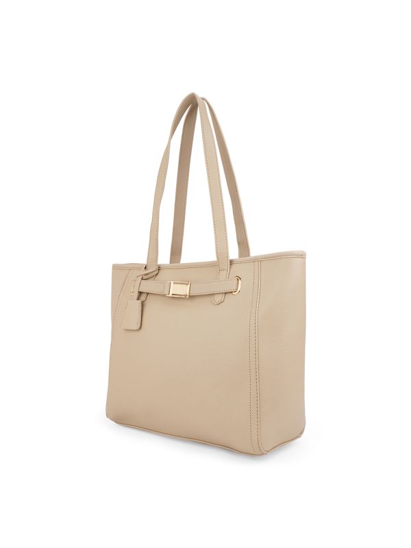 Globus Women Beige Textured Buckle Detail Double Workwear Handle Tote Bag