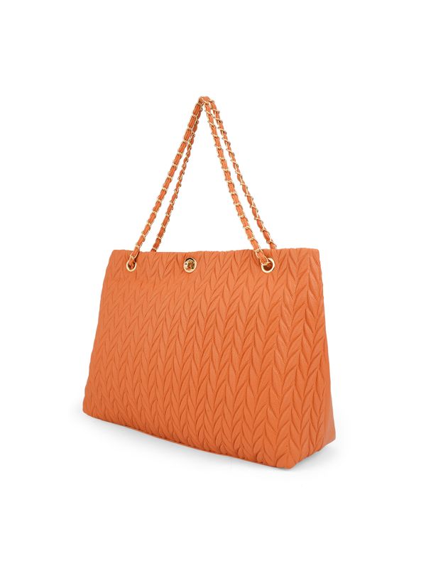 Globus Women Orange Leaf Raised Design Twistlock Chain Detail Double Handle Party Tote Bag