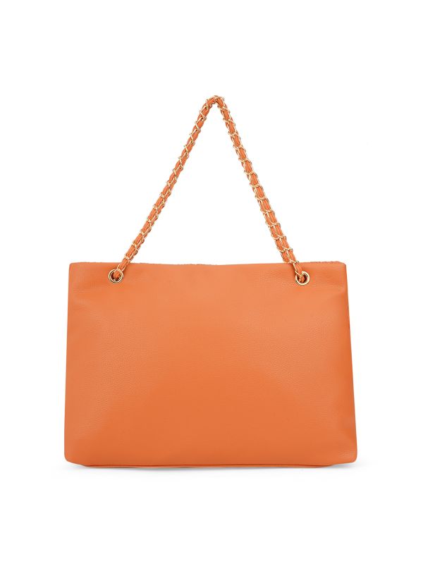 Globus Women Orange Leaf Raised Design Twistlock Chain Detail Double Handle Party Tote Bag