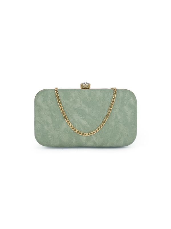 Globus Women Green Textured Rectangular Party Clutch With Detachable Chain Strap