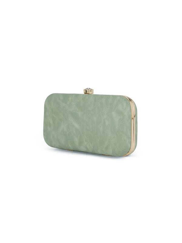 Globus Women Green Textured Rectangular Party Clutch With Detachable Chain Strap