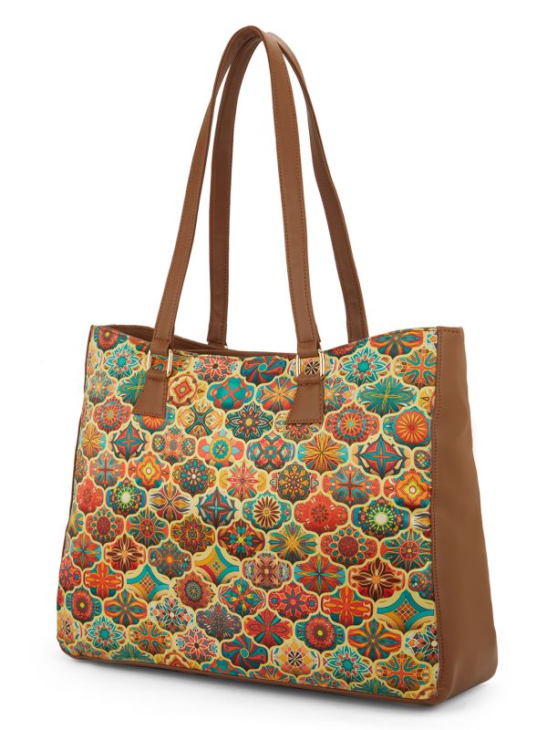 Globus Women Multi Yellow Floral Ethnic Motifs Printed Oversized Tote With Up to 16 inch Laptop Size