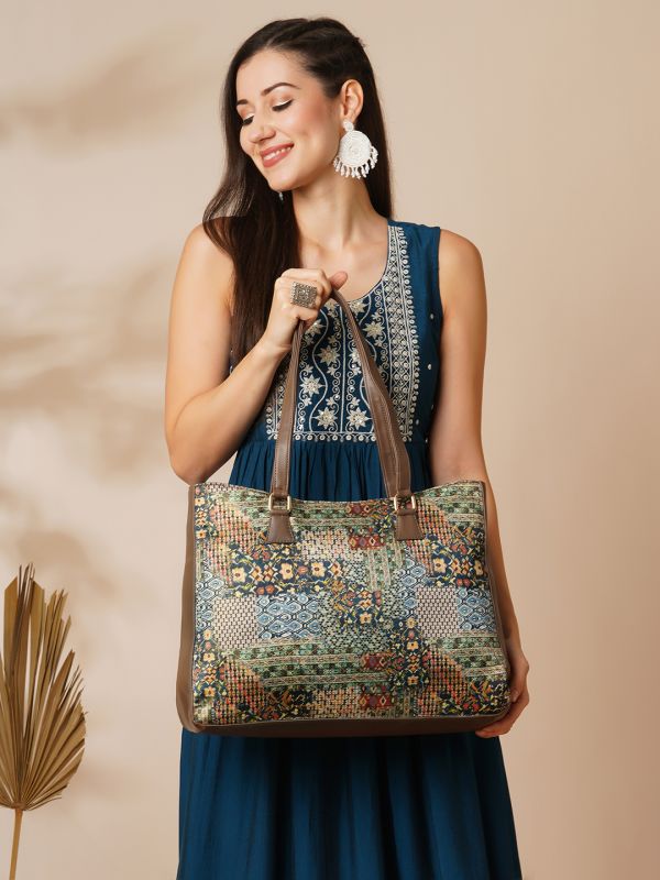 Globus Women Multi Green Ethnic Motifs Printed Oversized Tote With Up to 16 inch Laptop Size