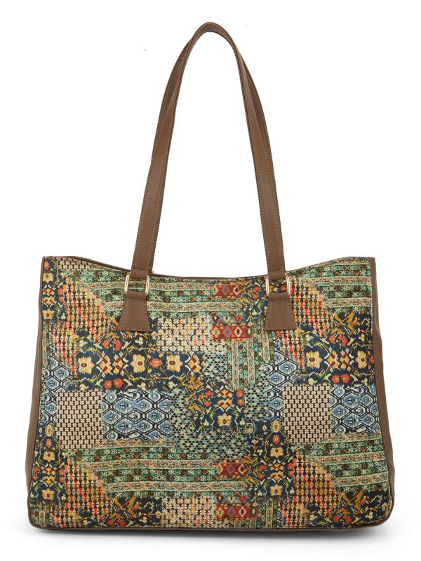 Globus Women Multi Green Ethnic Motifs Printed Oversized Tote With Up to 16 inch Laptop Size