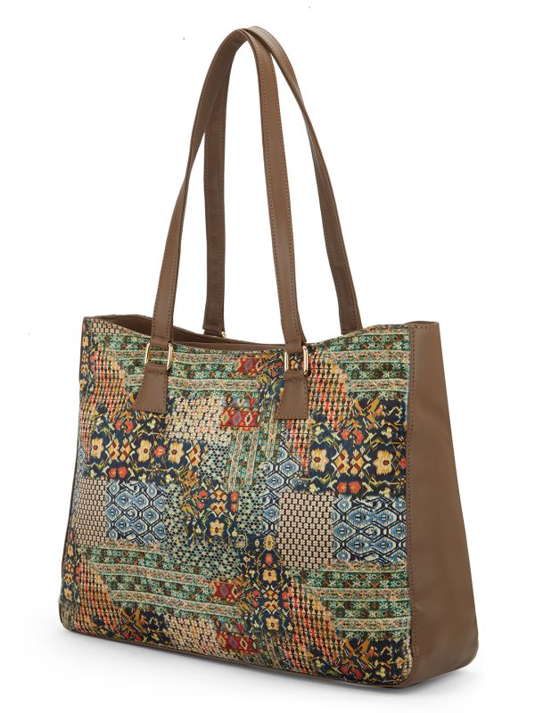 Globus Women Multi Green Ethnic Motifs Printed Oversized Tote With Up to 16 inch Laptop Size