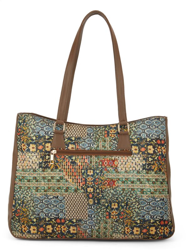 Globus Women Multi Green Ethnic Motifs Printed Oversized Tote With Up to 16 inch Laptop Size