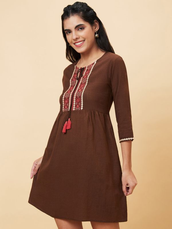 Globus Women Brown Solid A-Line Casual Dress