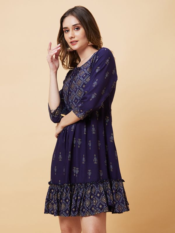 Globus Women Blue Printed Yoke Design Gathered & Flared A-Line Dress