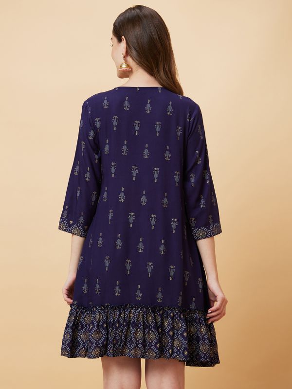 Globus Women Blue Printed Yoke Design Gathered & Flared A-Line Dress