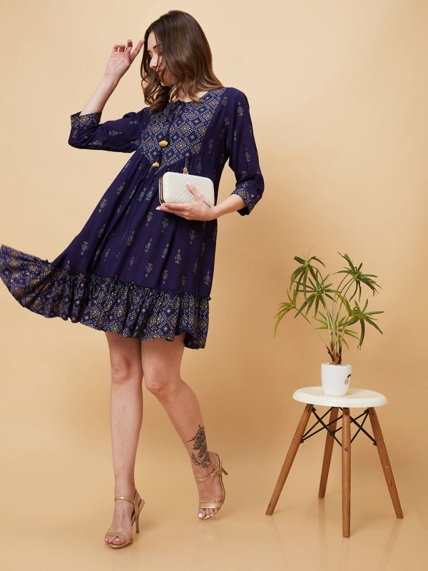 Globus Women Blue Printed Yoke Design Gathered & Flared A-Line Dress