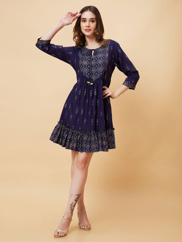 Globus Women Blue Printed Yoke Design Gathered & Flared A-Line Dress