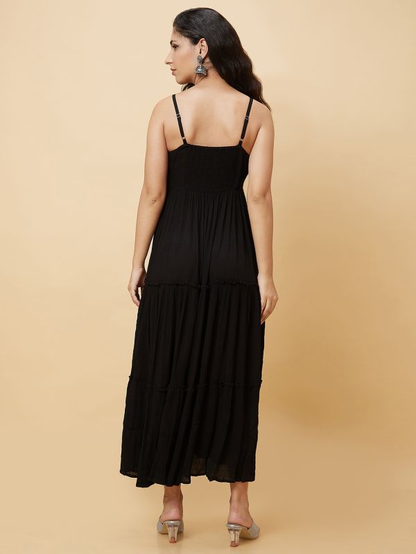 Globus Women Black Strappy Round Neck Embroidered Yoke Flared Maxi Dress