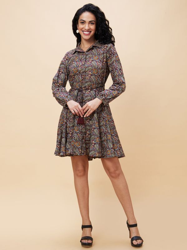 Globus Women Wine Floral Print Shirt Collar Casual Godet A-Line Belted Dress