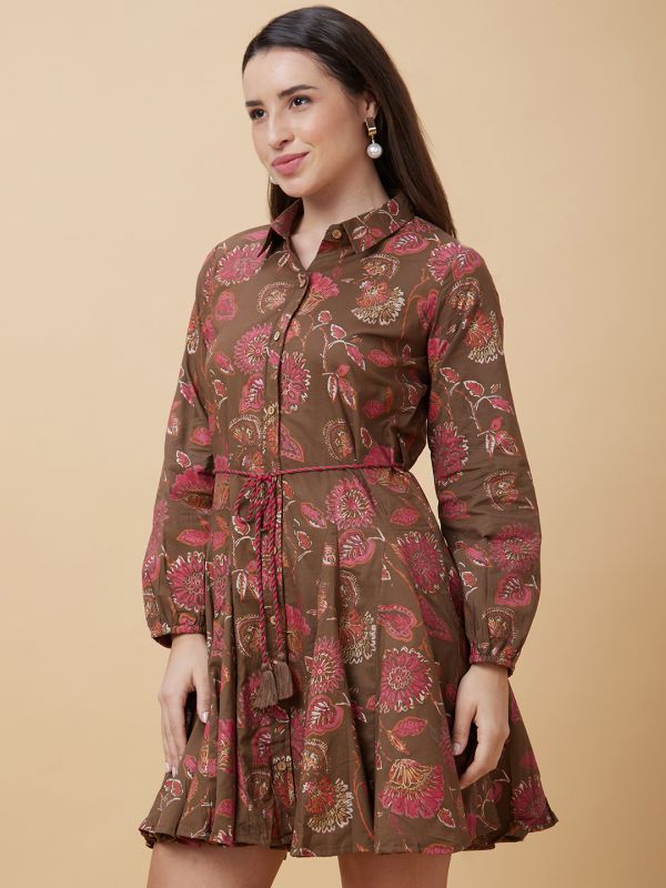 Globus Women Brown Floral Print Shirt Collar Casual Godet A-Line Belted Dress