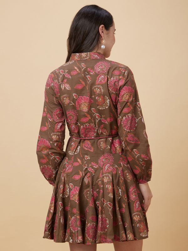 Globus Women Brown Floral Print Shirt Collar Casual Godet A-Line Belted Dress