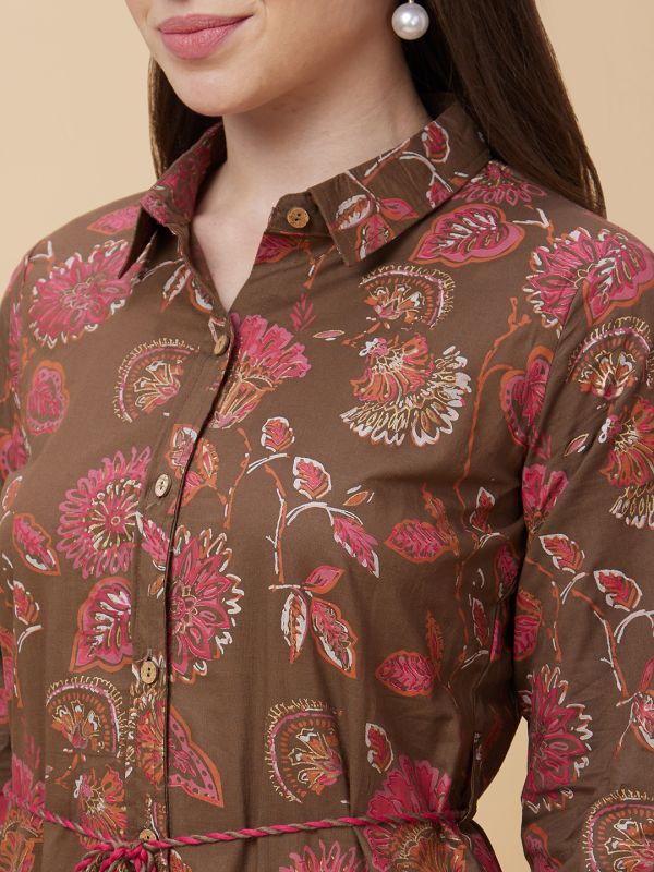 Globus Women Brown Floral Print Shirt Collar Casual Godet A-Line Belted Dress