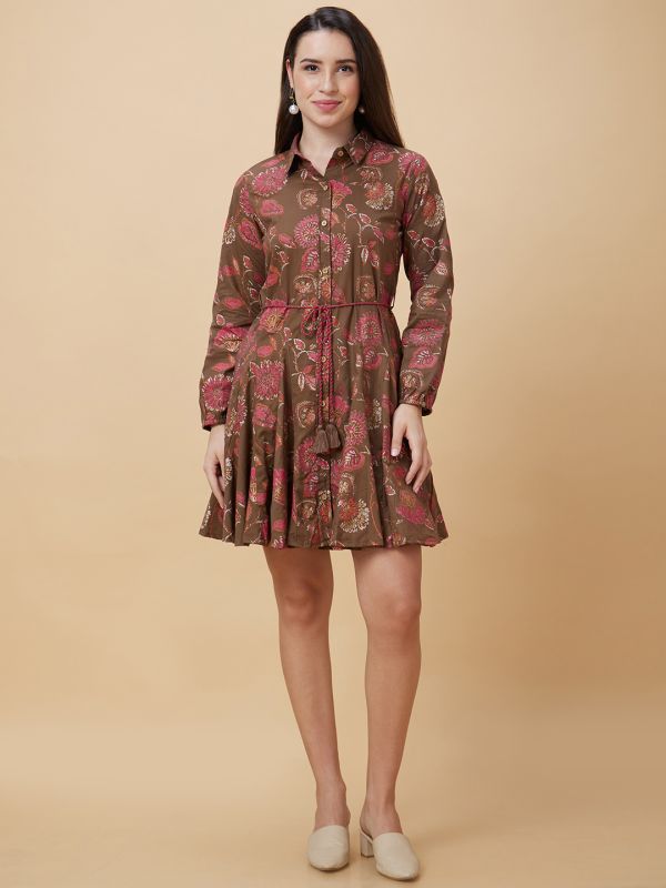 Globus Women Brown Floral Print Shirt Collar Casual Godet A-Line Belted Dress