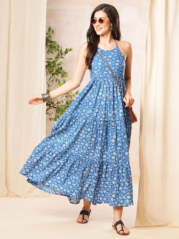 Globus Women Blue Floral Print Halter Neck Cotton A-Line Casual Dress