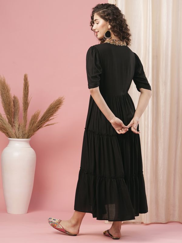 Globus Women Black V-Neck Embroidered Yoke Tiered Flared A-Line Dress