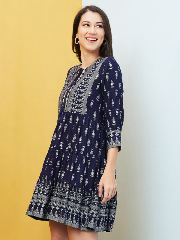 Globus Women Navy Ethnic Motifs Print Tie-Up Neck A-Line Dress