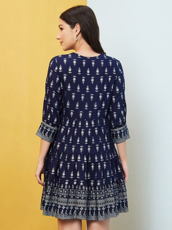 Globus Women Navy Ethnic Motifs Print Tie-Up Neck A-Line Dress