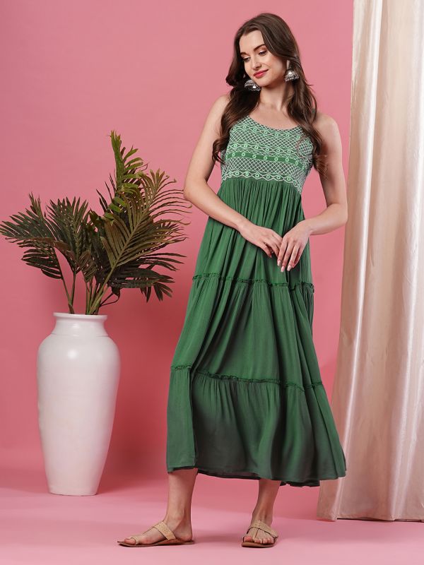 Globus Women Green Strappy Embroidered Yoke Flared Tiered A-Line Midi Dress