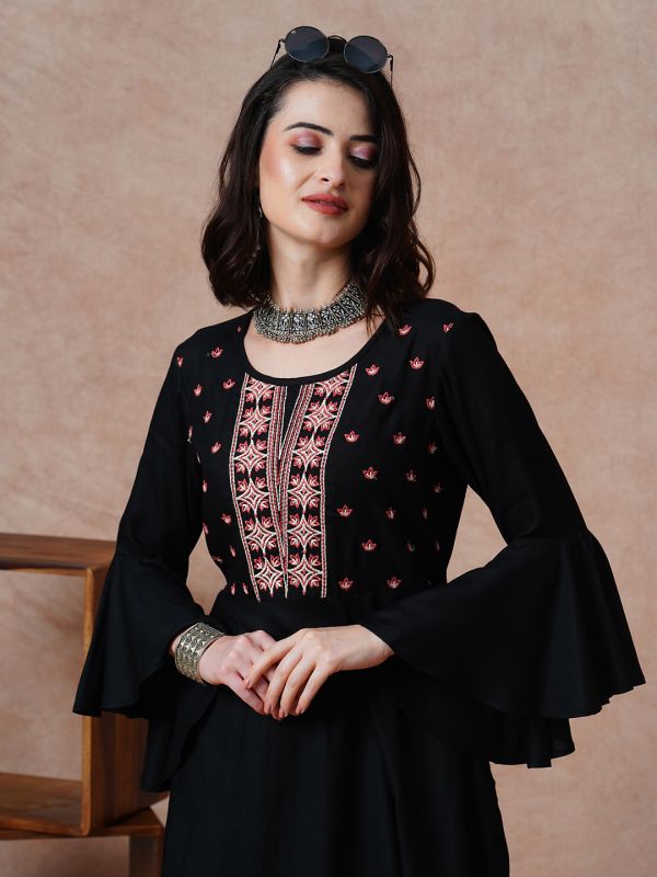 Globus Women Black Embroidered Yoke Bell Sleeves A-Line Dress