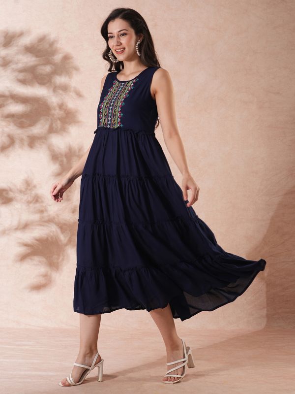 Globus Women Navy Embroidered Yoke Gathered Tiered Fit & Flare Maxi Dress