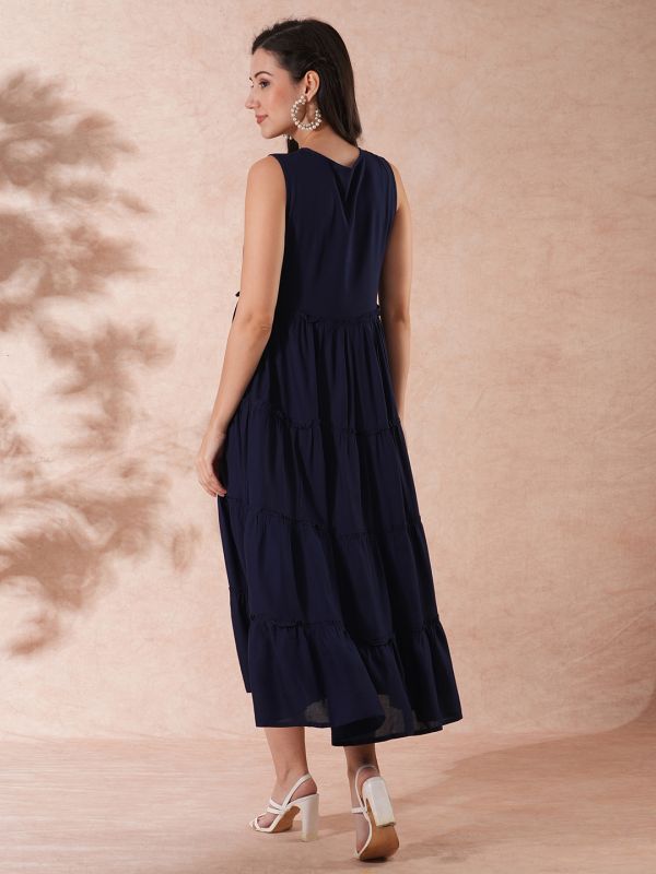 Globus Women Navy Embroidered Yoke Gathered Tiered Fit & Flare Maxi Dress