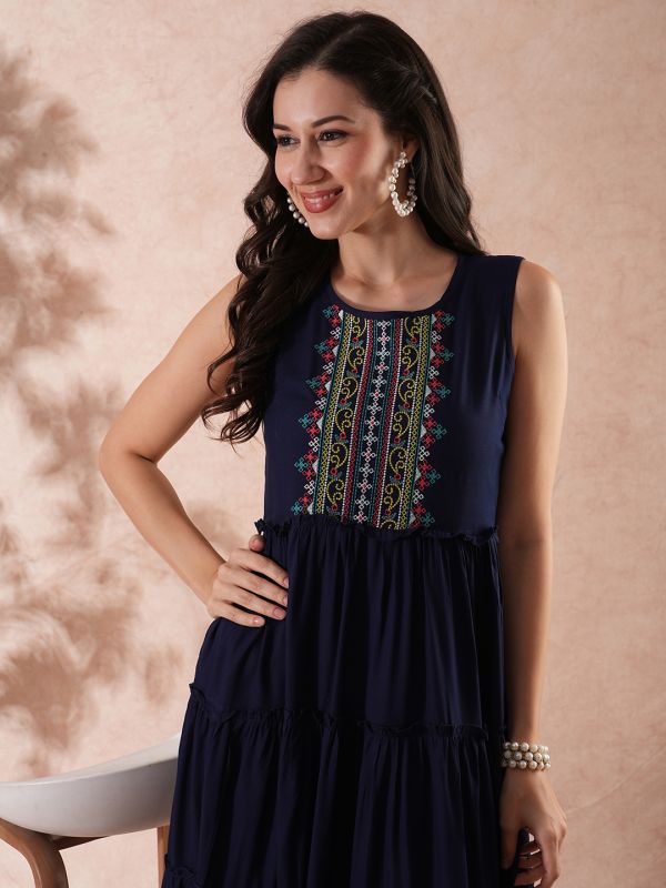 Globus Women Navy Embroidered Yoke Gathered Tiered Fit & Flare Maxi Dress