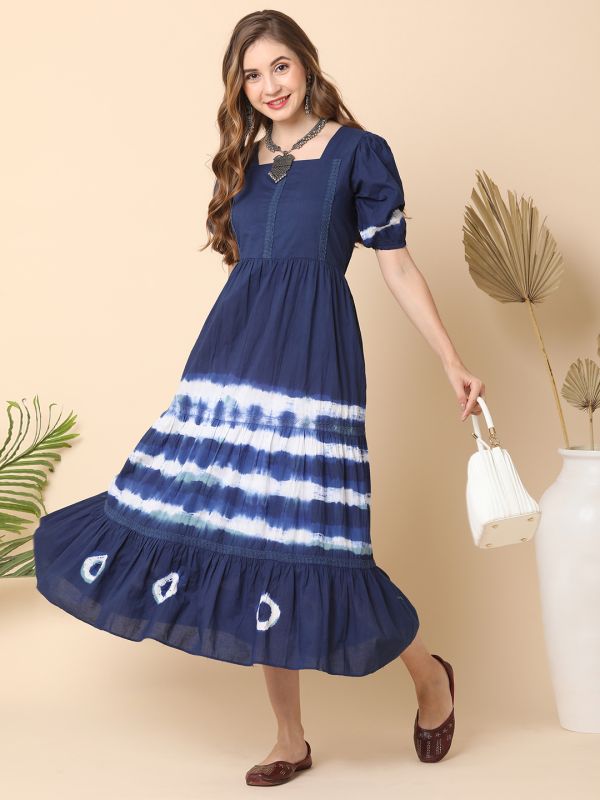 Globus Women Blue Puff Sleeve Tie and Dye Midi Dress