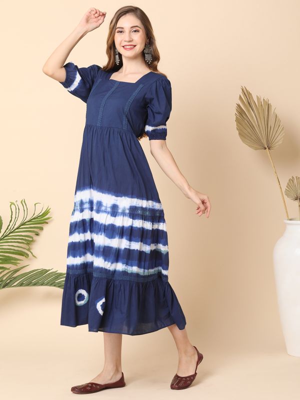 Globus Women Blue Puff Sleeve Tie and Dye Midi Dress