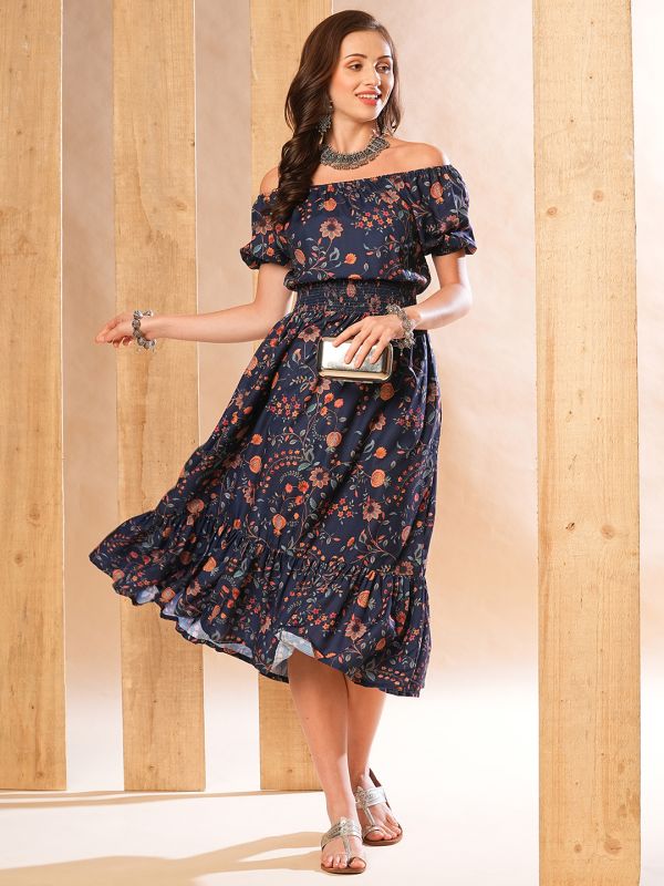 Globus Women Blue Allover Floral Printed Smocked Waist Fit & Flare Fusion Midi Dress