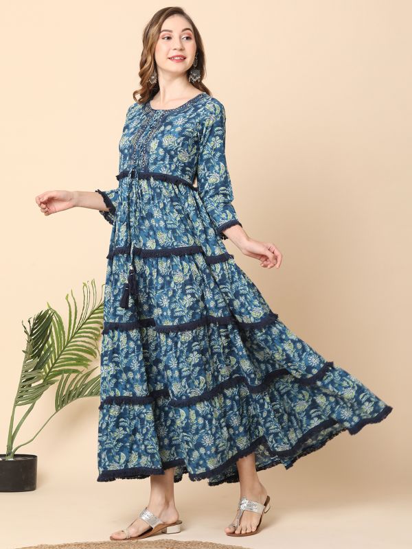 Globus Women Blue Floral Embroidered Yoke Tiered Lace Insert Maxi Dress