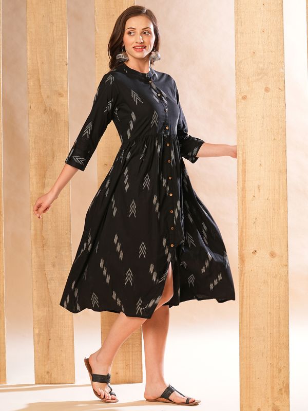 Globus Women Black Allover Printed A-Line Midi Workwear Dress