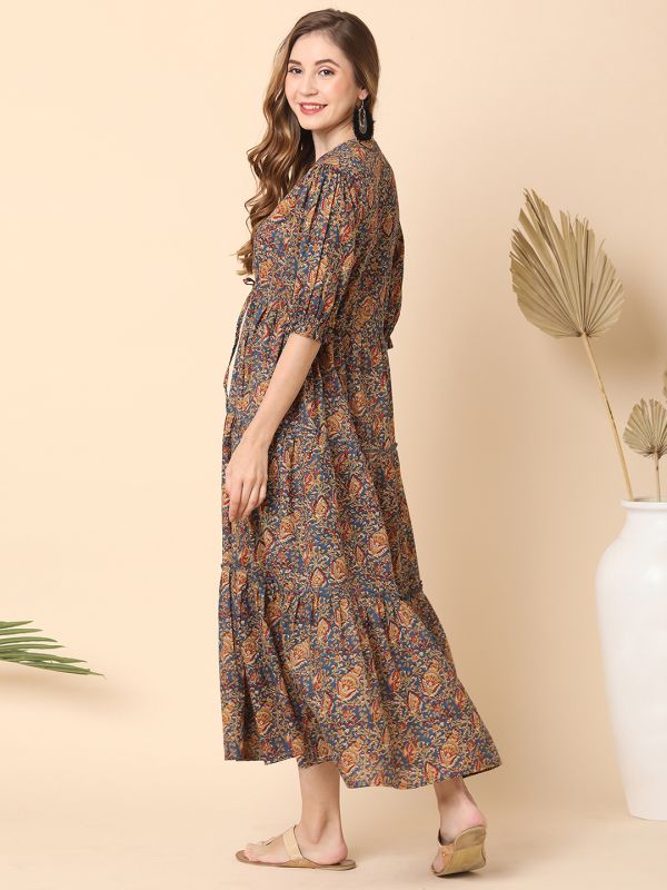 Globus Women Blue All Over Printed Puff Sleeves Mandarin Collar Waist Tie-Up Tiered Maxi Dress