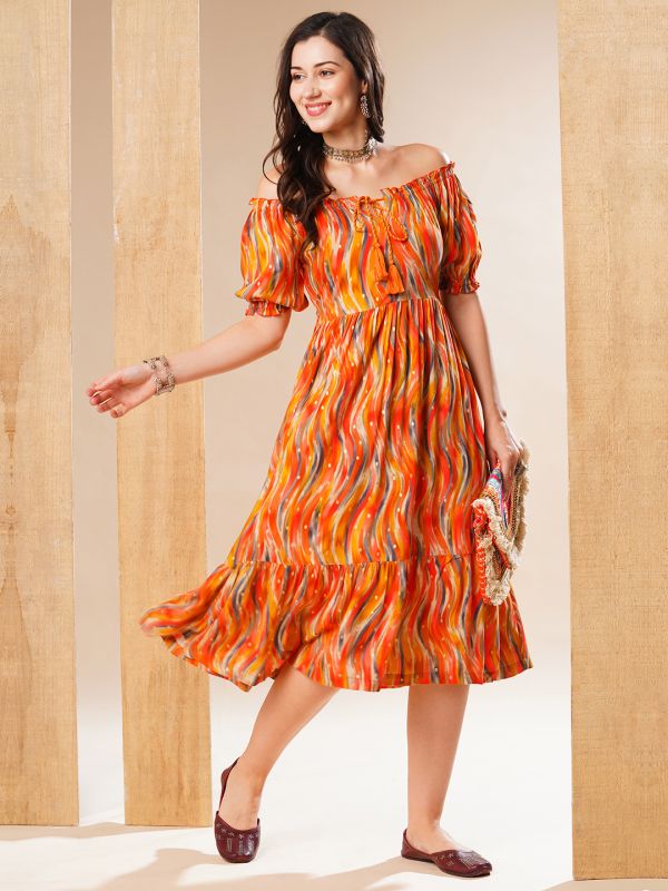 Globus Women Orange Off-Shoulder Puff Sleeves Abstract Printed Gathered Fit & Flare Fusion Midi Dress