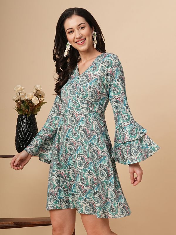 Globus Women Blue Overlapped-V Neck Allover Printed Paisley Floral A-Line Dress