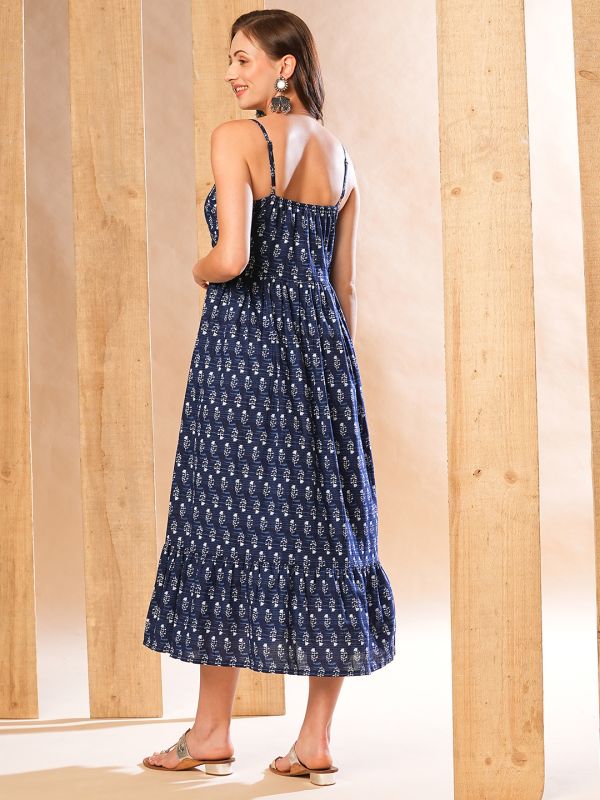 Globus Women Indigo Embroidered Yoke Allover Printed Strappy Shoulder Tiered A-Line Fusion Maxi Dress