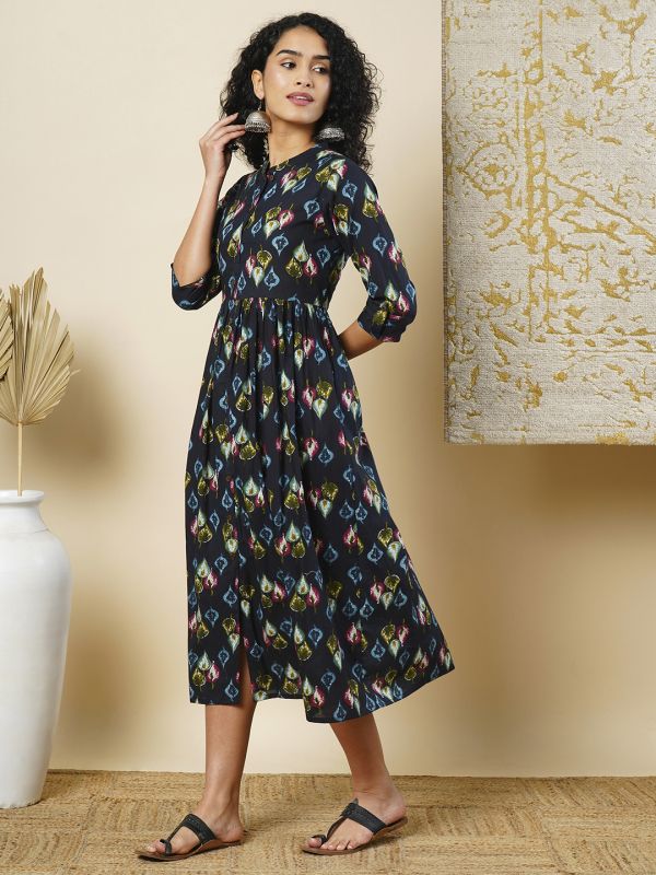 Globus Women Black All Over Printed Mandarin Collar Button Down A-Line Midi Workwear Dress