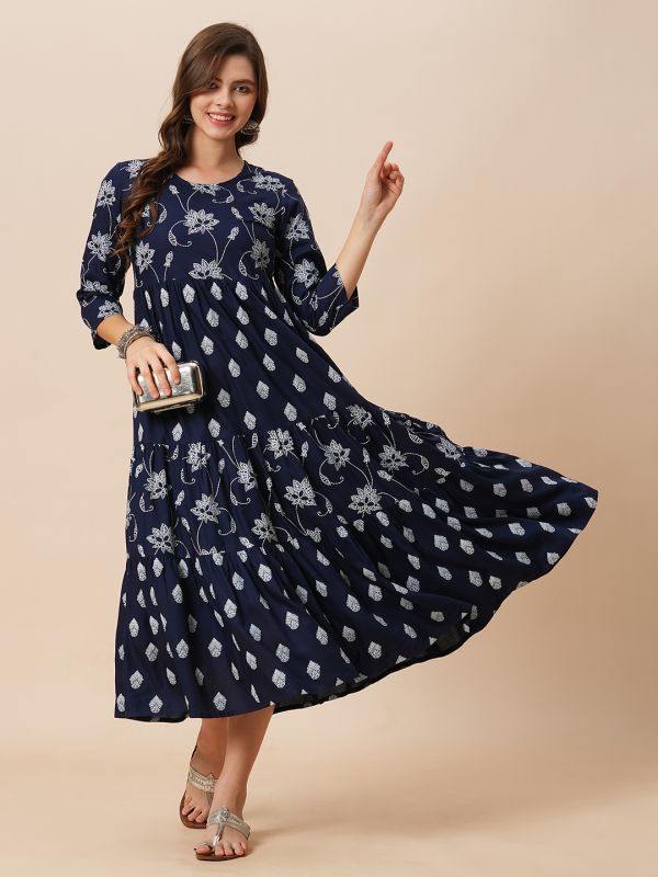 Globus Women Navy Blue Round Neck Floral Ethnic Print Gathered Tiered A-Line Midi Dress