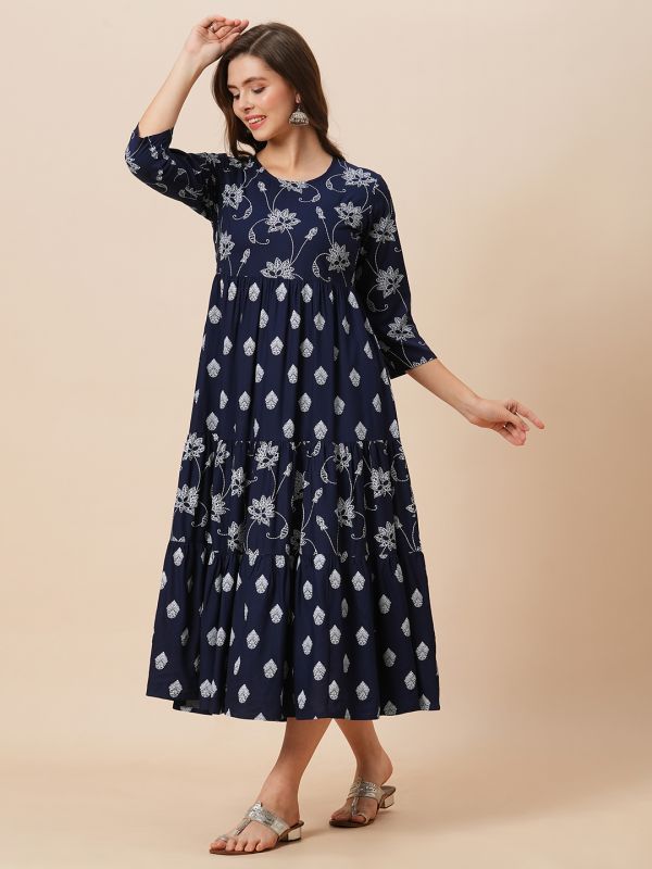 Globus Women Navy Blue Round Neck Floral Ethnic Print Gathered Tiered A-Line Midi Dress