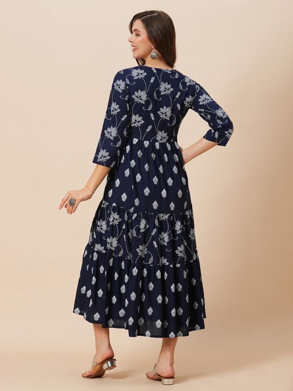 Globus Women Navy Blue Round Neck Floral Ethnic Print Gathered Tiered A-Line Midi Dress