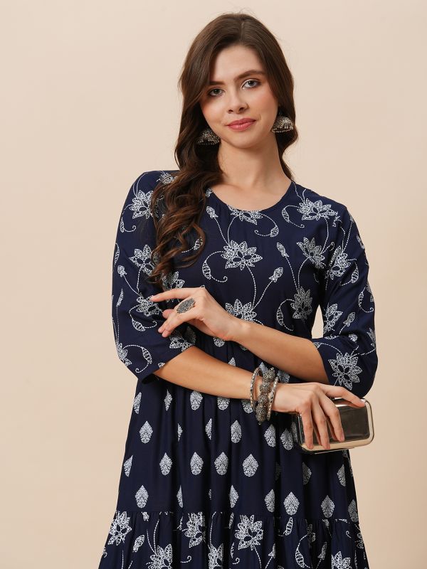 Globus Women Navy Blue Round Neck Floral Ethnic Print Gathered Tiered A-Line Midi Dress