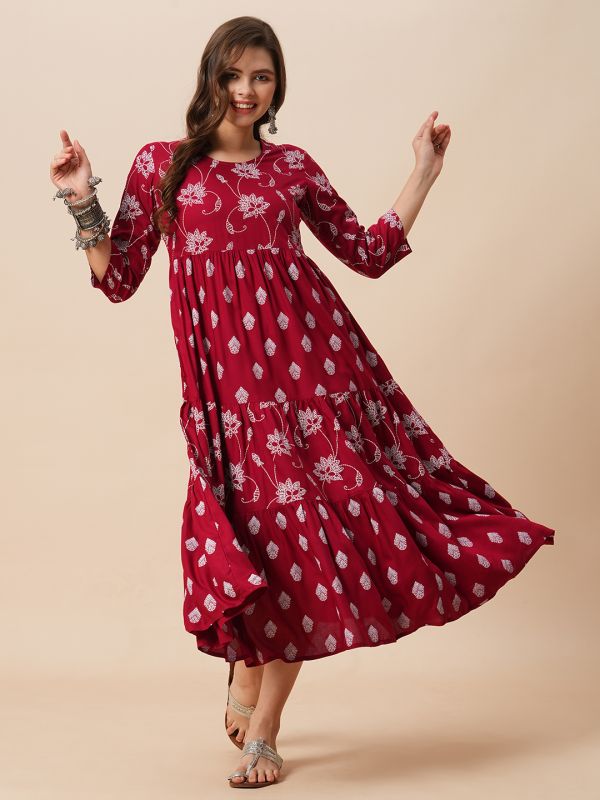 Globus Women Maroon Round Neck Floral Ethnic Print Gathered Tiered A-Line Midi Dress