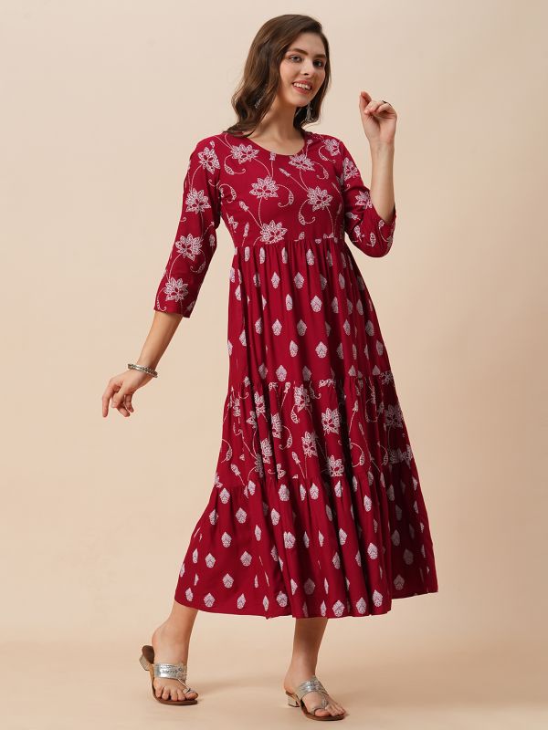 Globus Women Maroon Round Neck Floral Ethnic Print Gathered Tiered A-Line Midi Dress