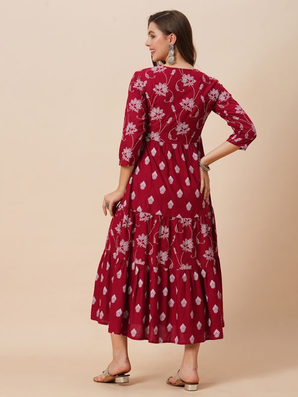 Globus Women Maroon Round Neck Floral Ethnic Print Gathered Tiered A-Line Midi Dress